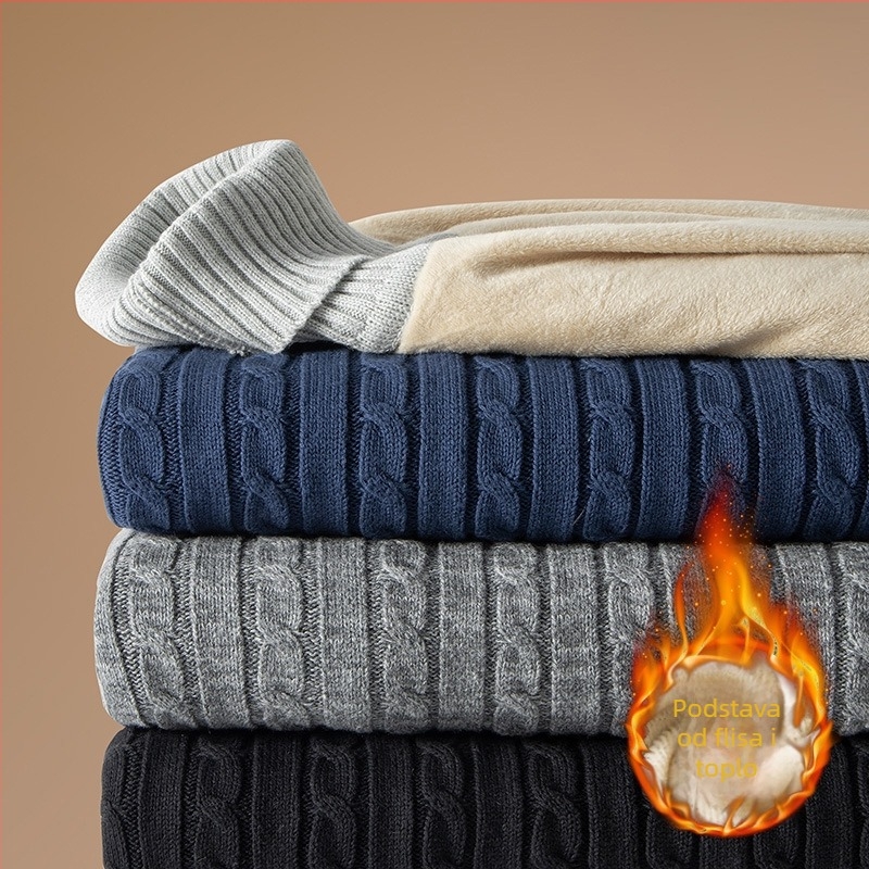 Muška pletena jakna s kapuljačom – flekso podstava, visok ovratnik, žakard uzorak, uski kroj (dugi rukavi, jesen-zima 2023)