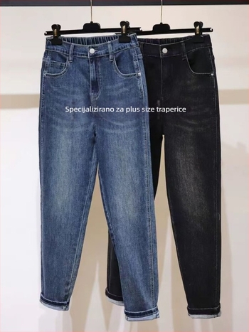 Ženske traperice za plus veličinu, visok pojas, široka linija, za kruškasti oblik tijela, prozračni denim, harém stil, proljeće-jesen