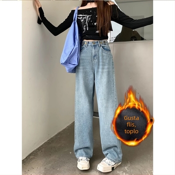 Ženske široke traperice visokog struka, flis unutra, pamuk, dužina do poda, zimska kolekcija 2025