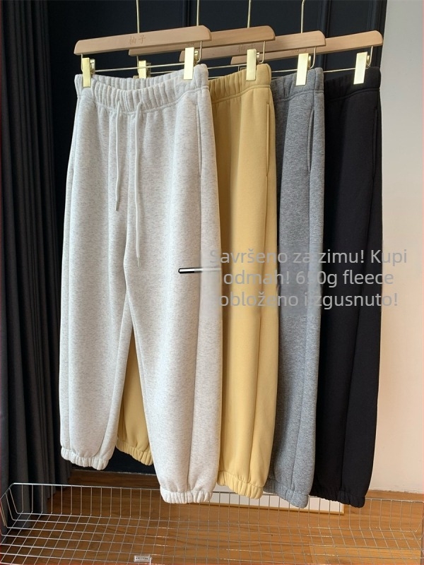 Ženske jogger hlače, debeli miks pamuka i poliestera, visok pojas s elastičnim pojasom, dužina 9/10, casual stil — Zima 2025