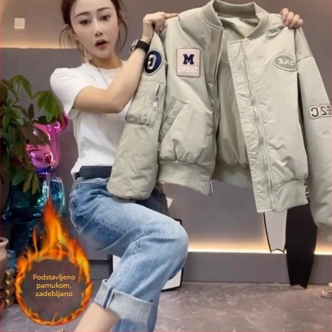 Ženska quiltana kratka bomber jakna, Oxford platno, 80–90% poliester, slobodan kroj, stojeći ovratnik, zatvarač, duljina 50–65 cm, jesen 2024