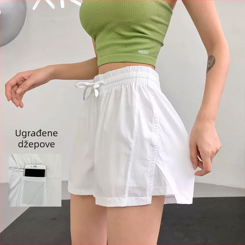 Ženski šorts za trening protiv prozirnosti, prozračna mreža, brzo sušenje, slobodan kroj, šnura (90% nylon + 10% spandex)