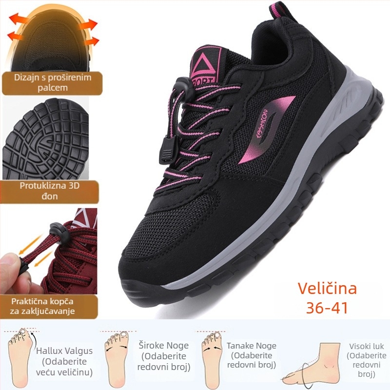 Unisex tenisice za hodanje za starije osobe, mrežasti gornji dio, protuklizna podloga, okrugli vrh, niski peta 1–3 cm, elastična traka, za proljeće