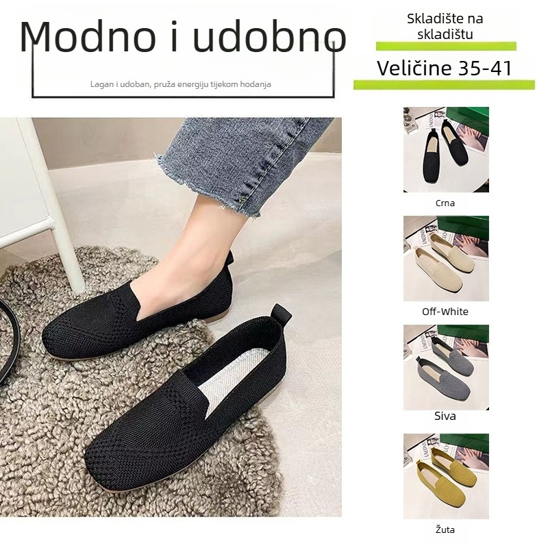 Ženske loafers s kvadratnim nosom, mrežasti gornji dio, slip-on dizajn, platneni gornji dio, gumeni đon, EVA uložak, karirani uzorak, prozračni