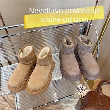Ženske čizme za snijeg, gornji dio od kravlje kože, podstava od umjetnog krzna, gumena potplata, srednje visoke
