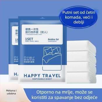 Jednokratni set posteljine: plahta, navlaka za pokrivač i jastučnice – četverodijelni ili trodijelni set; materijal: SSMMS netkano tkanina.