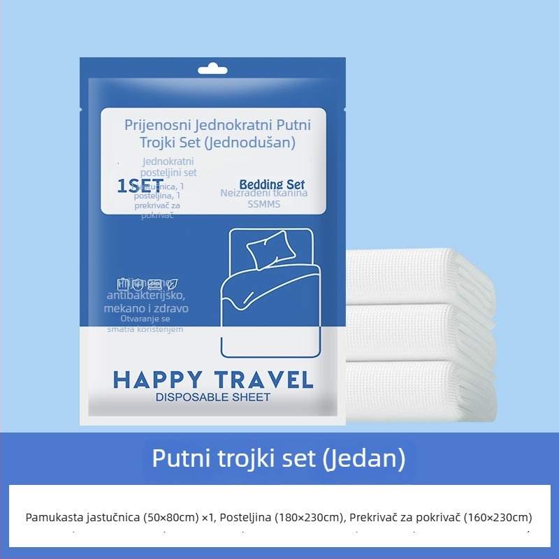 Jednokratni set posteljine: plahta, navlaka za pokrivač i jastučnice – četverodijelni ili trodijelni set; materijal: SSMMS netkano tkanina.