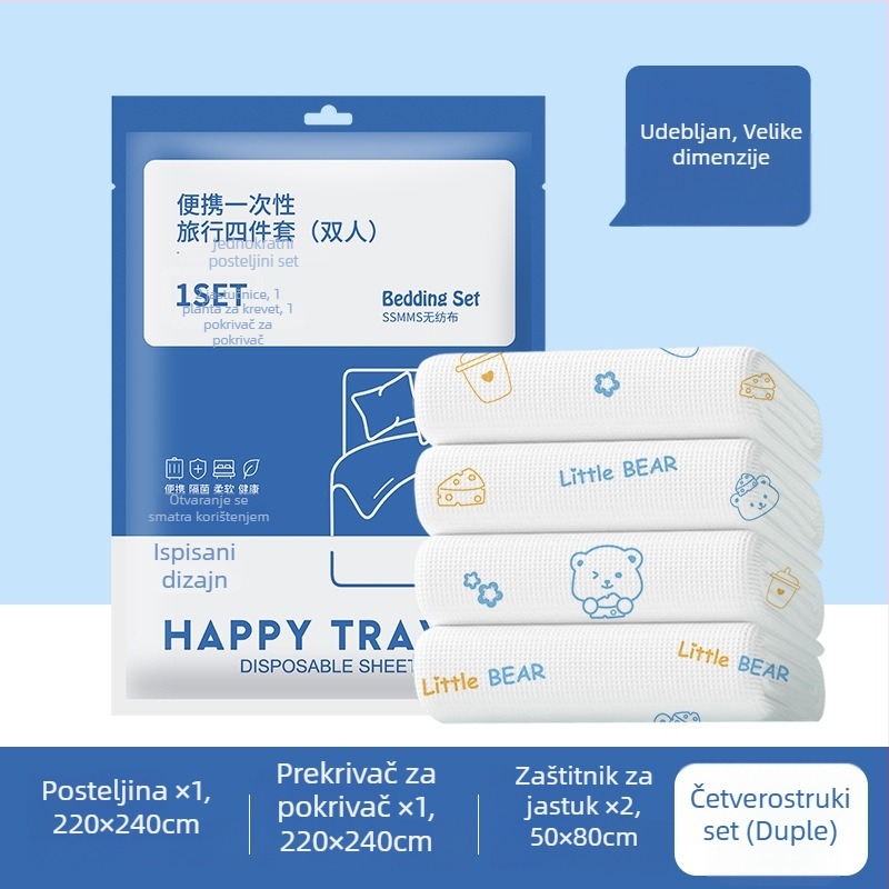 Jednokratni set posteljine: plahta, navlaka za pokrivač i jastučnice – četverodijelni ili trodijelni set; materijal: SSMMS netkano tkanina.
