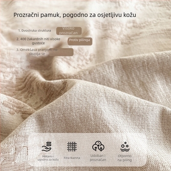 Četverodijelni set posteljine od 100% pamuka s dvostrukom gazom, model 2026, čipka, sadrži plahtu, navlaku za pokrivač, gumenu plahtu i suknju kreveta