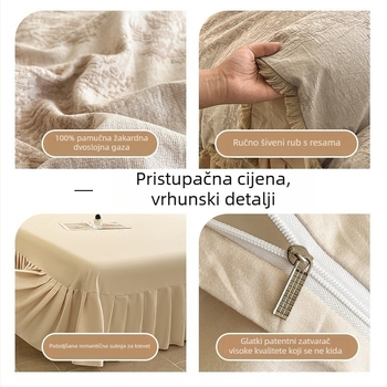 Četverodijelni set posteljine od 100% pamuka s dvostrukom gazom, model 2026, čipka, sadrži plahtu, navlaku za pokrivač, gumenu plahtu i suknju kreveta