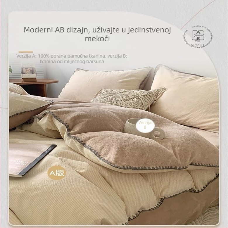 Zimski četverodijelni set posteljine od mliječnog velura, AB strane, 100% pamuk, koralni fleece, navlaka za pokrivač s fleec podstavom, flanel plahte