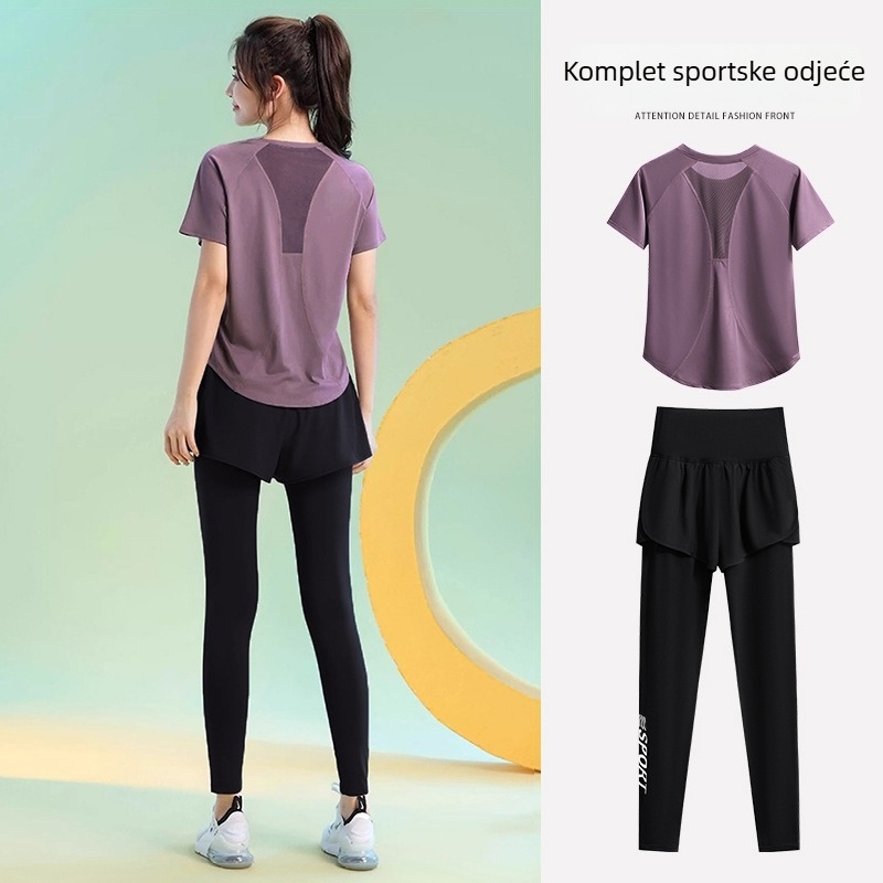 Ženski sportsko-opušteni dvodjelni komplet s 3/4 rukavima, prozračna brza sušiva tkanina od poliestera i spandexa (90–95% poliestera, <30% spandexa; uzorak: slova/brojevi/tekst)