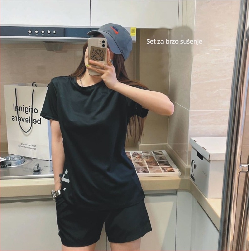 Ženski dvodijelni sportski set od ice silk materijala s brzim sušenjem, lagani top i šorc za trčanje, jogu i opuštanje