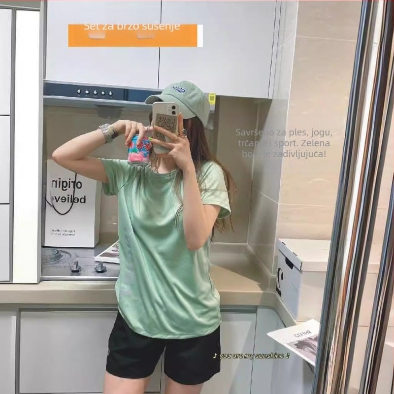 Ženski dvodijelni sportski set od ice silk materijala s brzim sušenjem, lagani top i šorc za trčanje, jogu i opuštanje