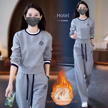 Ženski dvodijelni casual set s okruglim izrezom, dugim rukavima, Capri hlačama, PVC tkanina, proljeće 2025 izdanje