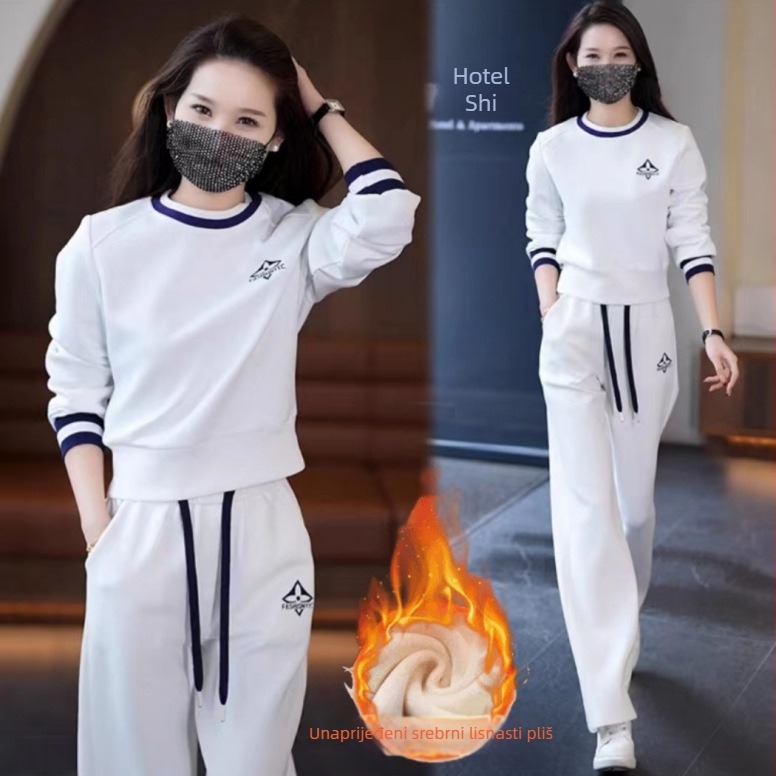Ženski dvodijelni casual set s okruglim izrezom, dugim rukavima, Capri hlačama, PVC tkanina, proljeće 2025 izdanje