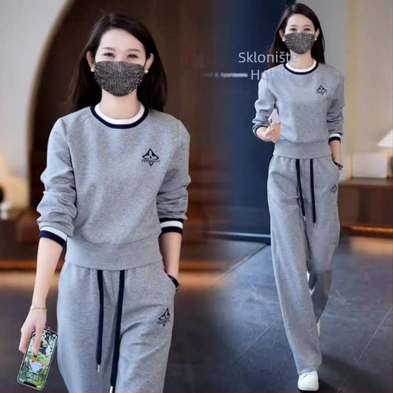 Ženski dvodijelni casual set s okruglim izrezom, dugim rukavima, Capri hlačama, PVC tkanina, proljeće 2025 izdanje