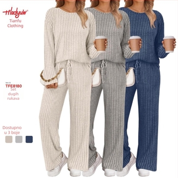 Ženski zimski dvodijelni set od rebraste tkanine s flis podstavom, s pojasom i džepovima, casual stil