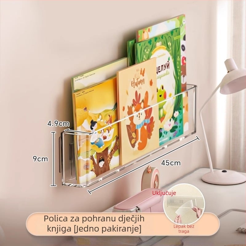 Zidni izložbeni polic za knjige, bez bušenja, bez montaže, PET materijal, jednoslojni, za kozmetiku, kuhinju, kupaonicu i dnevni boravak