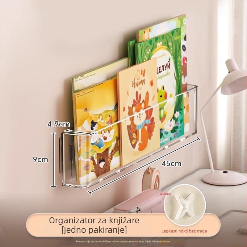 Zidni izložbeni polic za knjige, bez bušenja, bez montaže, PET materijal, jednoslojni, za kozmetiku, kuhinju, kupaonicu i dnevni boravak