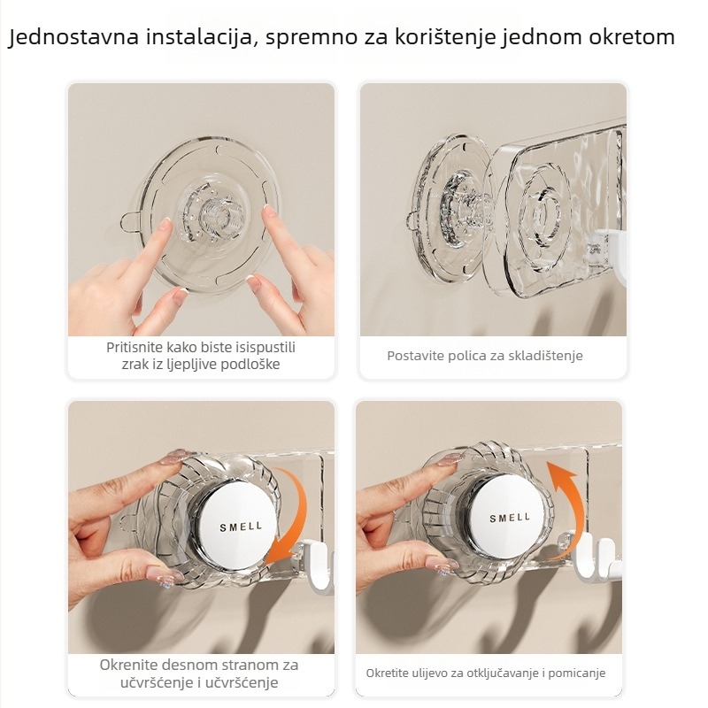 PET kuka s vakuumom – bez bušenja, čvrsta montaža na zidu u kupaonici, s rotirajućom glavom i nizom kuki (5–10 kg)