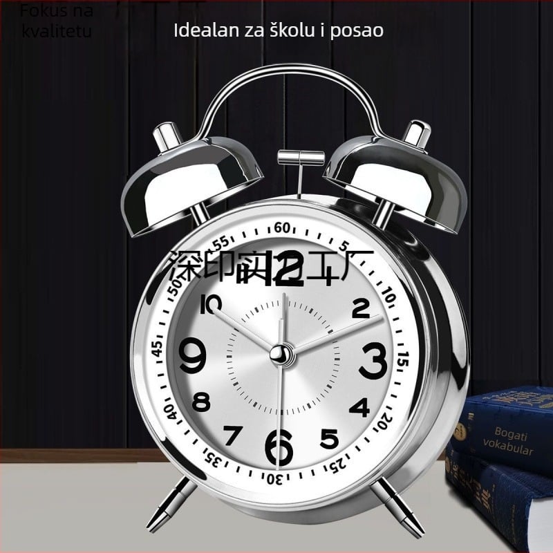 Alarmni sat s metalnim zvonom za dom i studentski dom — tiho buđenje, mjerenje vremena (punjivo napajanje; plastično kućište; brojčanik od legure; kineski stil)