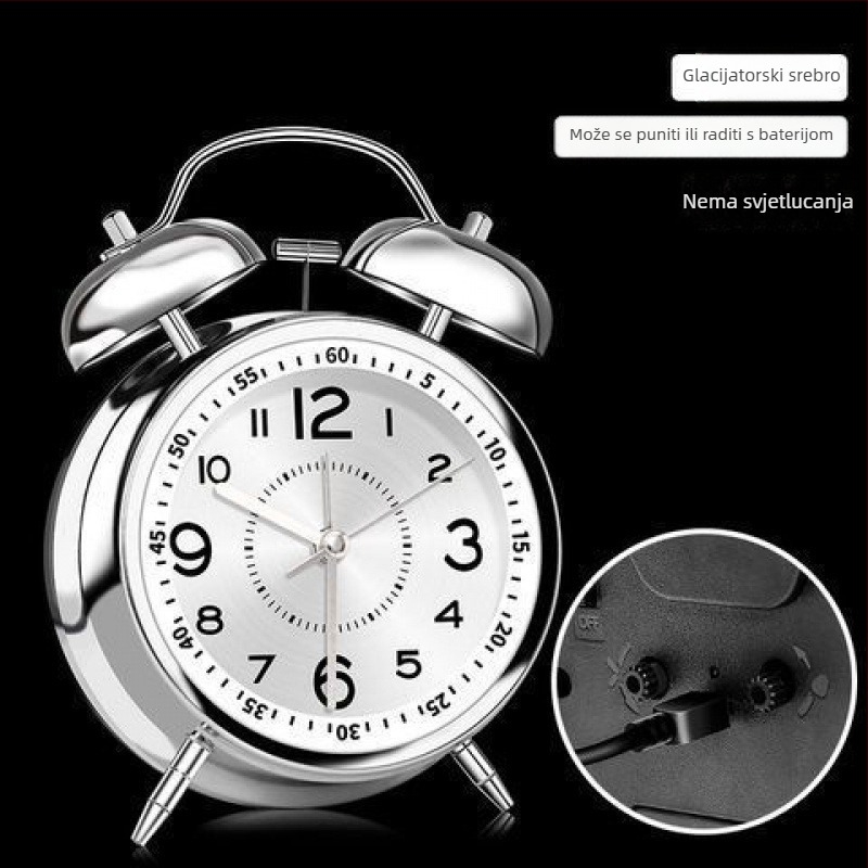 Alarmni sat s metalnim zvonom za dom i studentski dom — tiho buđenje, mjerenje vremena (punjivo napajanje; plastično kućište; brojčanik od legure; kineski stil)