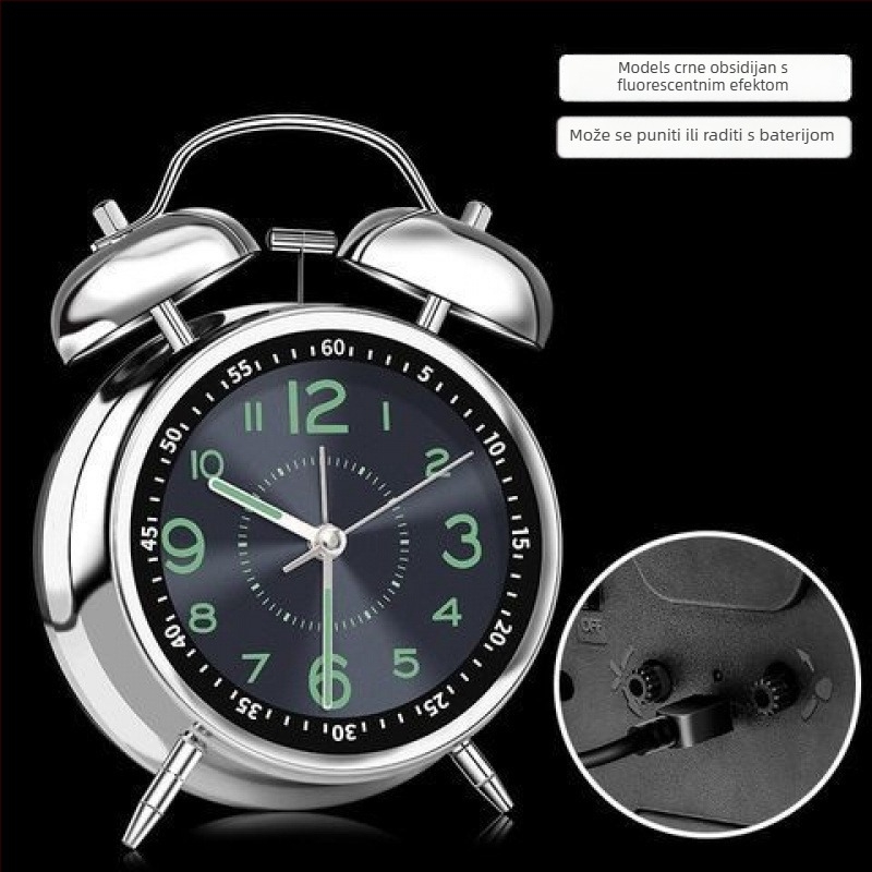 Alarmni sat s metalnim zvonom za dom i studentski dom — tiho buđenje, mjerenje vremena (punjivo napajanje; plastično kućište; brojčanik od legure; kineski stil)