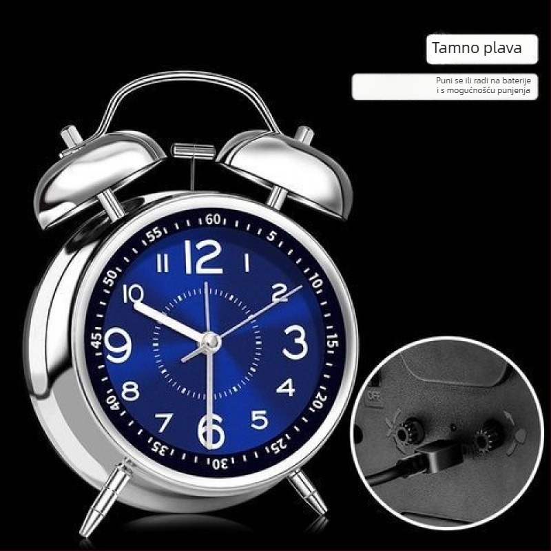 Alarmni sat s metalnim zvonom za dom i studentski dom — tiho buđenje, mjerenje vremena (punjivo napajanje; plastično kućište; brojčanik od legure; kineski stil)