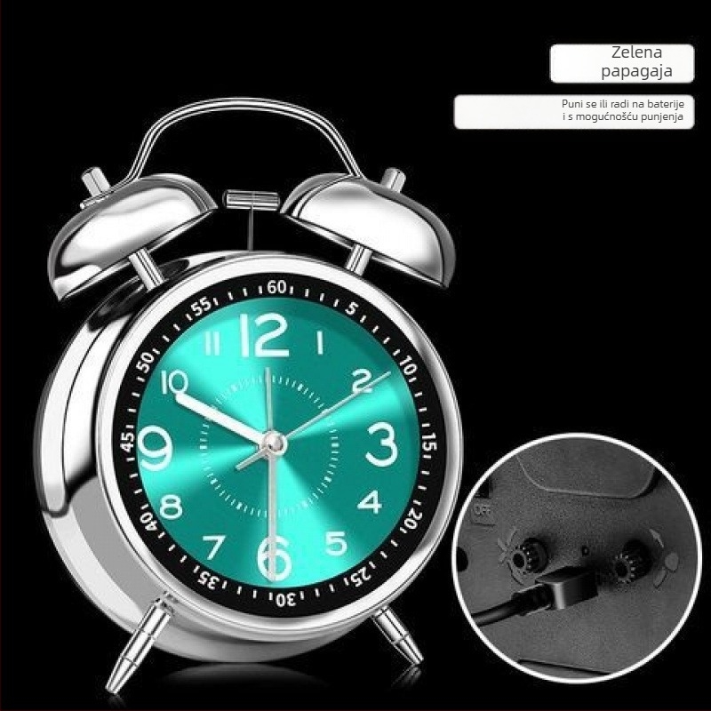 Alarmni sat s metalnim zvonom za dom i studentski dom — tiho buđenje, mjerenje vremena (punjivo napajanje; plastično kućište; brojčanik od legure; kineski stil)