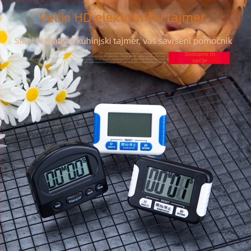 Elektronički kuhinjski timer s odbrojavanjem i alarmom, pravokutno plastično kućište, napajanje baterijom, kronograf