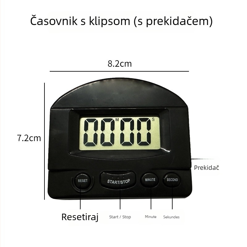 Elektronički kuhinjski timer s odbrojavanjem i alarmom, pravokutno plastično kućište, napajanje baterijom, kronograf