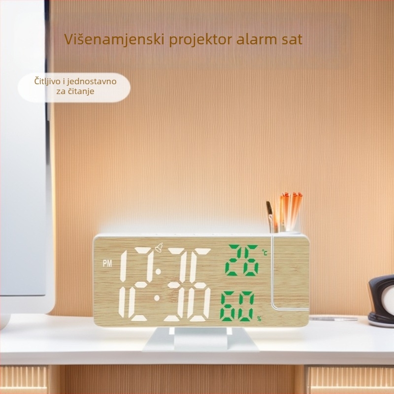 Projekcijski sat s LED prikazom, jednostrana stolna digitalna budilica, velikim pismom, kalendar i termometar, vanjsko napajanje