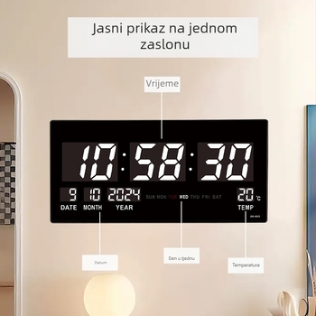 LED digitalni zidni sat s termometrom i prikazom tjedna – vanjsko napajanje, elektronički pogon