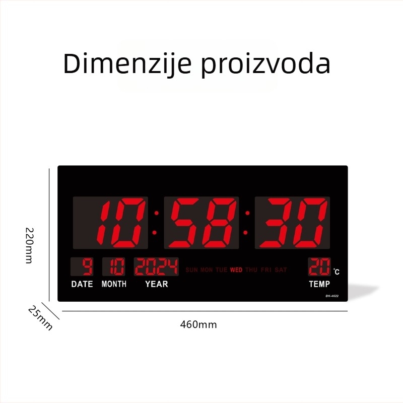 LED digitalni zidni sat s termometrom i prikazom tjedna – vanjsko napajanje, elektronički pogon