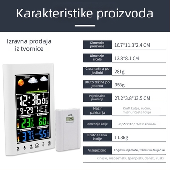 JIMEI budilnik s LCD zaslonom i meteorološkom stanicom: vremenska prognoza, vlaga, stalni kalendar, alarm, svjetsko vrijeme