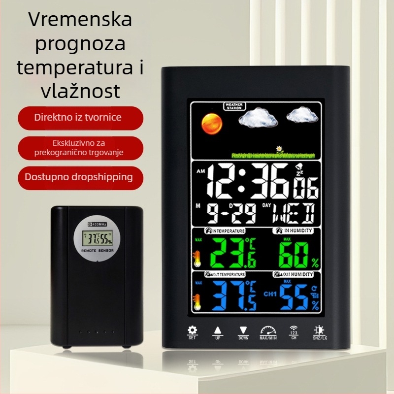 JIMEI budilnik s LCD zaslonom i meteorološkom stanicom: vremenska prognoza, vlaga, stalni kalendar, alarm, svjetsko vrijeme