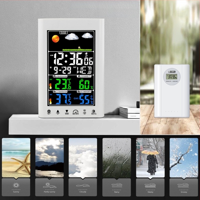 JIMEI budilnik s LCD zaslonom i meteorološkom stanicom: vremenska prognoza, vlaga, stalni kalendar, alarm, svjetsko vrijeme