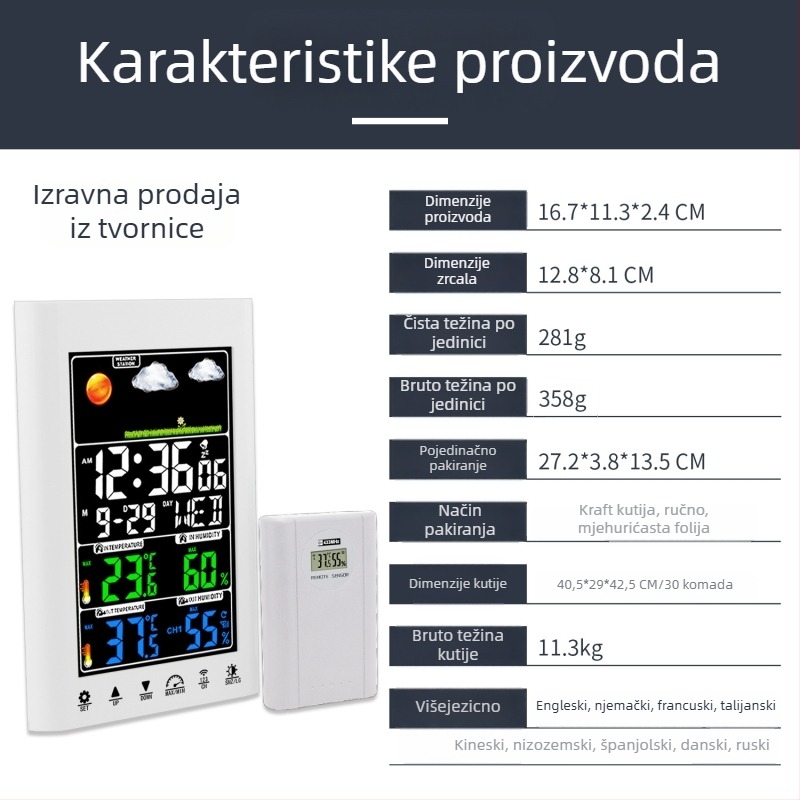 JIMEI budilnik s LCD zaslonom i meteorološkom stanicom: vremenska prognoza, vlaga, stalni kalendar, alarm, svjetsko vrijeme