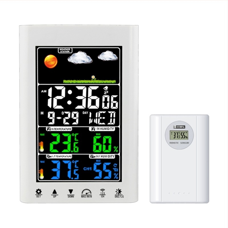 JIMEI budilnik s LCD zaslonom i meteorološkom stanicom: vremenska prognoza, vlaga, stalni kalendar, alarm, svjetsko vrijeme