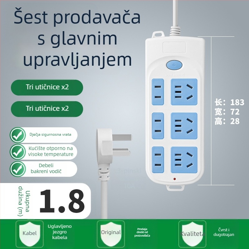 Razdjelnik s 5 utičnica i dugačkim kabelom, 10A, 100-250V, ABS kućište, bakreni vodiči, 3C certifikat