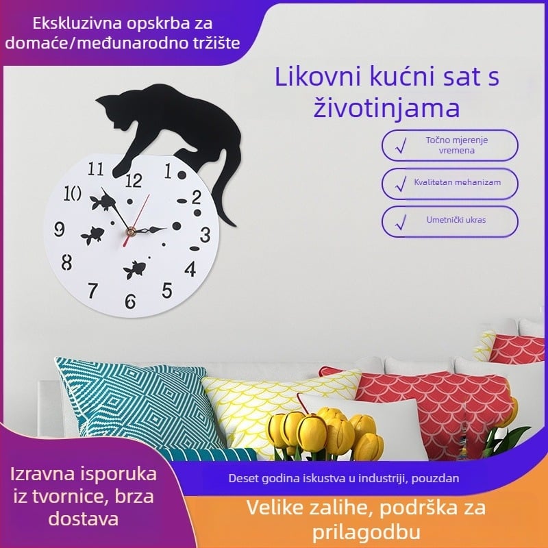 Zidni sat s karikaturalnim dizajnom mačka-ryba, akrilno kućište, kružni brojčanik od organskog stakla, Seiko 6168S mehanizam s glatkim hodom, jednostrana, model B3-01, pogodan za dnevni boravak, spavaću sobu, ured, studio, svjetsko vrijeme