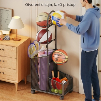 Stalak za lopte s kotačićima, unutarnji prijenosni stalak, željezo, Isijia, 1 kg, za košarku, odbojku, stolni tenis, badminton i druge loptaške sportove
