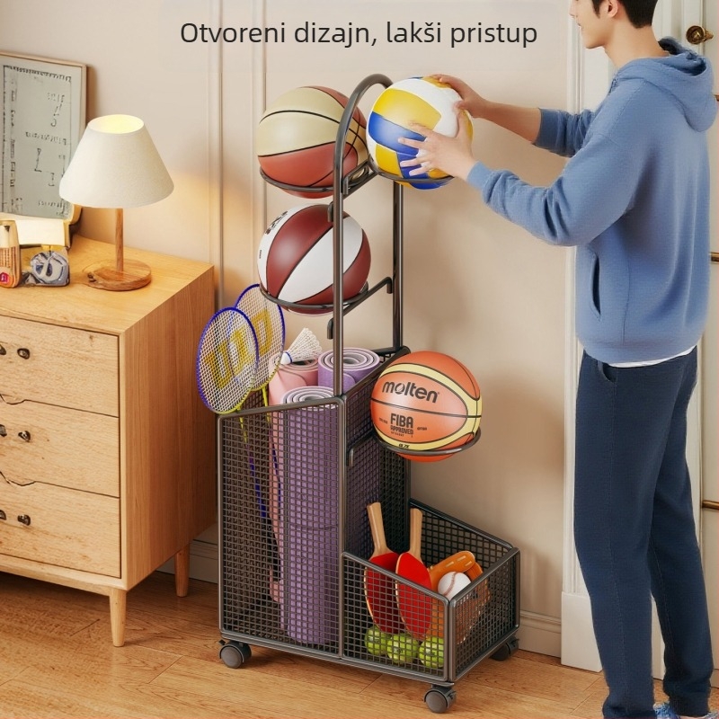 Stalak za lopte s kotačićima, unutarnji prijenosni stalak, željezo, Isijia, 1 kg, za košarku, odbojku, stolni tenis, badminton i druge loptaške sportove