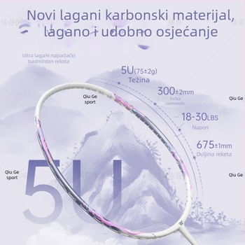 Badminton raketa s cijelim karbonskim okvirom, težina 75–79 g, izravan udarac, kontrola lopte, mogućnost prilagođavanja