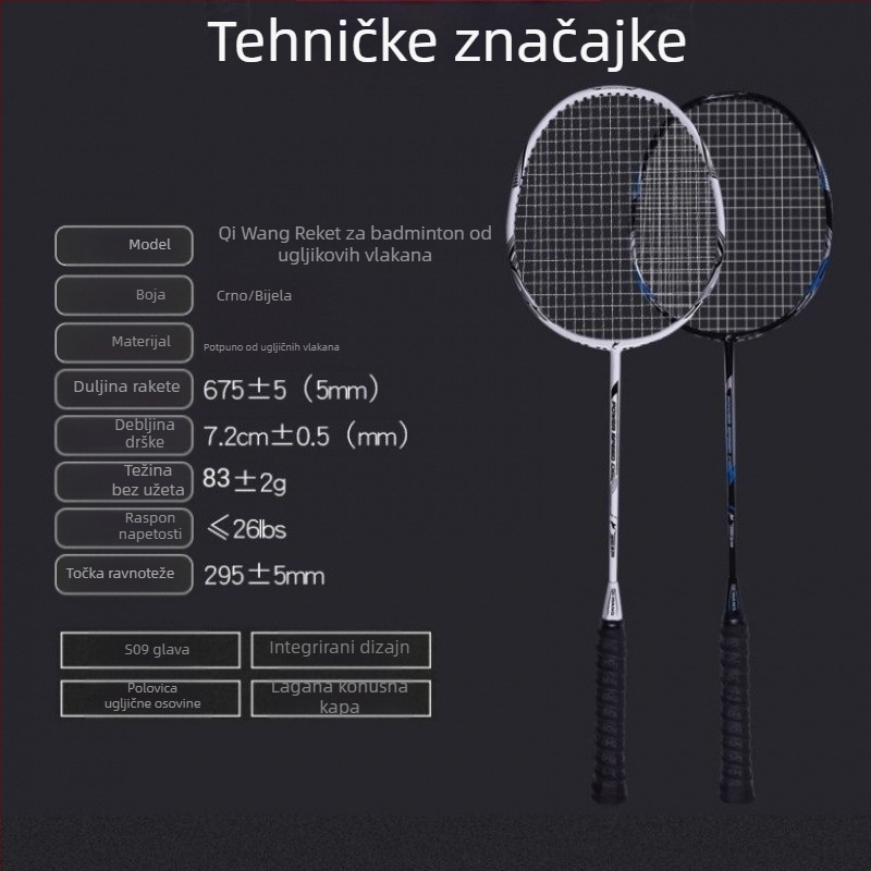 Raketa za badminton s cijelim karbonskim okvirom, težina 75–79 g, ekstra mek osjećaj, za trening