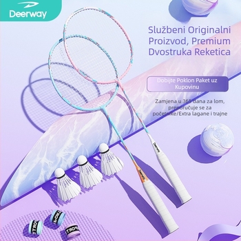 Delhui set za badminton – okvir od željeznog legura, najlon mreža, uključuje 2 reketa, 3 lopte i 1 torba, težina 95–100 g po reketa, debljina ručke G4, tvrdi shaft, tip reketa: direktan udarac