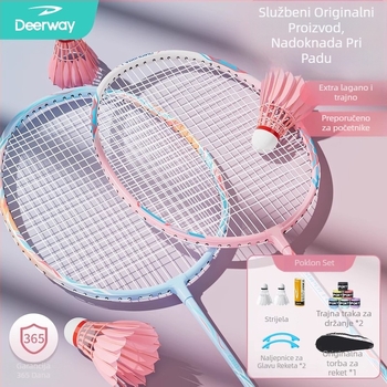 Delhui set za badminton – okvir od željeznog legura, najlon mreža, uključuje 2 reketa, 3 lopte i 1 torba, težina 95–100 g po reketa, debljina ručke G4, tvrdi shaft, tip reketa: direktan udarac