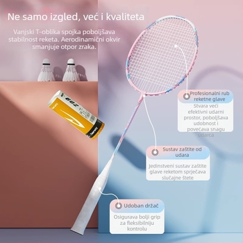 Delhui set za badminton – okvir od željeznog legura, najlon mreža, uključuje 2 reketa, 3 lopte i 1 torba, težina 95–100 g po reketa, debljina ručke G4, tvrdi shaft, tip reketa: direktan udarac