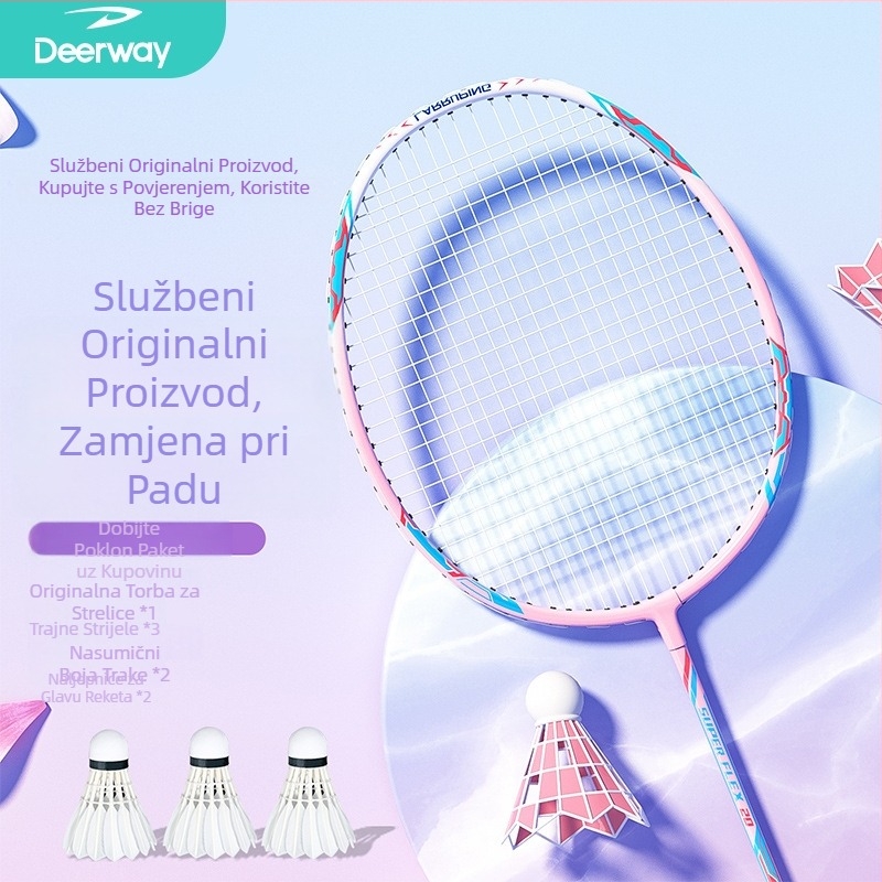 Delhui set za badminton – okvir od željeznog legura, najlon mreža, uključuje 2 reketa, 3 lopte i 1 torba, težina 95–100 g po reketa, debljina ručke G4, tvrdi shaft, tip reketa: direktan udarac